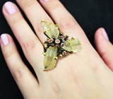 Серебряное кольцо с резным рутиловым кварцем и родолитами Серебро 925