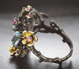 Серебряное кольцо с голубыми топазами, перидотами и розовыми турмалинами