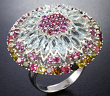 Шикарное серебряное кольцо с голубыми топазами, родолитами и разноцветными турмалинами Серебро 925