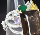 Серебряное кольцо с дымчатым кварцем 23+ карат, хризопразом, аметистом, диопсидом и голубыми топазами
