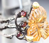 Серебряное кольцо с резным цитрином 9+ карат и родолитами