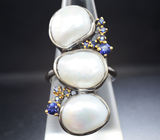 Серебряное кольцо с жемчугом 22,85 карата и синими сапфирами Серебро 925