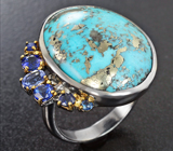 Серебряное кольцо с бирюзой 16,6 карата, танзанитом и синими сапфирами Серебро 925
