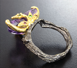 Серебряное кольцо с резным аметистом 10+ карат, цаворитами и родолитами Серебро 925