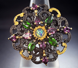 Серебряное кольцо с кристаллическим эфиопским опалом, диопсидами и родолитами Серебро 925