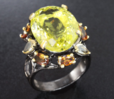 Серебряное кольцо с лимонным цитрином 11+ карат, золотистыми турмалинами и желтыми цитринами Серебро 925