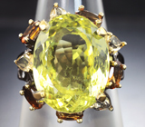 Серебряное кольцо с лимонным цитрином 11+ карат, золотистыми турмалинами и желтыми цитринами Серебро 925
