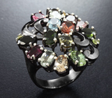 Серебряное кольцо с разноцветными турмалинами и перидотами