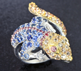 Скульптурное серебряное кольцо «Геккон» с разноцветными сапфирами Серебро 925