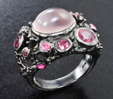 Черненое серебряное кольцо с розовым кварцем, рубинами и родолитами Серебро 925