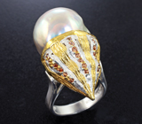 Серебряное кольцо с крупной жемчужиной барокко и сапфирами Серебро 925