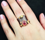 Серебряное кольцо с розовым сапфиром, кристаллическими эфиопскими опалами, цитринами и турмалинами Серебро 925