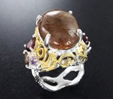 Серебряное кольцо с рутиловым и дымчатым кварцем, родолитами и аметистами