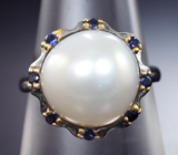 Серебряное кольцо с жемчужиной 9,61 карата и синими сапфирами Серебро 925