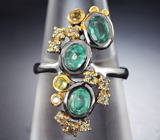 Серебряное кольцо с изумрудами высоких характеристик, зелеными и желтыми сапфирами Серебро 925