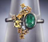 Серебряное кольцо с изумрудом высоких характеристик и разноцветными сапфирами Серебро 925