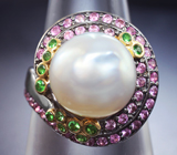 Серебряное кольцо с жемчужиной, цаворитами и розовыми сапфирами Серебро 925
