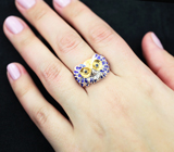 Серебряное кольцо с синими сапфирами и цветной эмалью Серебро 925