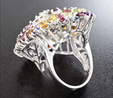 Крупное серебряное кольцо с разноцветными турмалинами, сапфирами, родолитами гранатами и перидотами Серебро 925