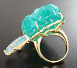Массивное золотое кольцо с эксклюзивным резным амазонитом 74,39 карата, аквамаринами и уральскими изумрудами Золото