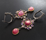 Серебряные серьги со звездчатыми рубинами, родолитами, аметистами и розовыми турмалинами Серебро 925