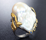 Серебряное кольцо с жемчужиной барокко 32,41 карата и синими сапфирами