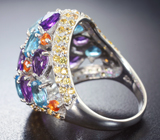 Праздничное серебряное кольцо с голубыми топазами, аметистами, оранжевыми и желтыми сапфирами Серебро 925