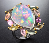 Серебряное кольцо с эфиопским опалом 12,53 карата, родолитом, пурпурно-розовым сапфиром и разноцветными турмалинами Серебро 925