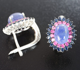 Серебряные серьги с танзанитами, пурпурно-розовыми и синими сапфирами бриллиантовой огранки Серебро 925