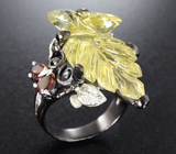 Серебряное кольцо с резным лимонным цитрином 20+ карата и альмандинами гранатами Серебро 925