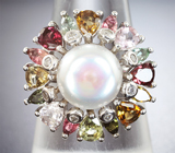 Праздничное серебряное кольцо с жемчужиной и разноцветными турмалинами Серебро 925