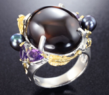 Серебряное кольцо с дымчатым кварцем, цветным жемчугом, аметистами и синими сапфирами Серебро 925