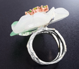 Серебряное кольцо с резным полихромным нефритом, кристаллическим эфиопским опалом, перидотами и диопсидами Серебро 925