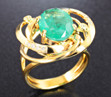 Золотое кольцо с редким ярко-неоновым уральским изумрудом 3,8 карата и бриллиантами Золото
