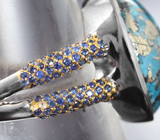 Серебряное кольцо с бирюзой с включением пирита 22,19 карата и синими сапфирами Серебро 925