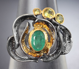 Серебряное кольцо с изумрудом и желтыми сапфирами Серебро 925