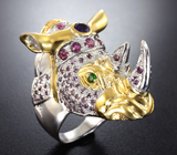 Скульпутрное серебряное кольцо «Носорог» с аметистом, диопсидами, пурпурными сапфирами и родолитами  Серебро 925