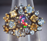 Серебряное кольцо с кристаллическим черным опалом, голубыми топазами и цитринами Серебро 925