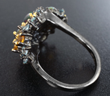 Серебряное кольцо с кристаллическим черным опалом, голубыми топазами и цитринами Серебро 925
