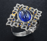 Серебряное кольцо с кабошоном 2,81 карата и ограненными синими сапфирами Серебро 925