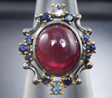 Серебряное кольцо с крупным рубином 12,22 карата, аквамаринами и синими сапфирами Серебро 925