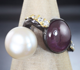 Серебряное кольцо с жемчужиной и пурпурным сапфиром Серебро 925