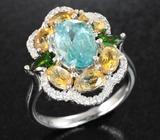 Яркое серебряное кольцо с голубым цирконом, цитринами и диопсидами