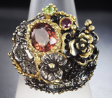 Серебряное кольцо с турмалином, рубином и перидотами
