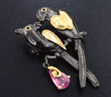 Серебряная брошь с пурпурным сапфиром и черными шпинелями Серебро 925