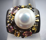 Серебряное кольцо с жемчужиной и разноцветными турмалинами Серебро 925