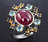 Серебряное кольцо с рубином 6,38 карата, голубыми топазами и синими сапфирами Серебро 925