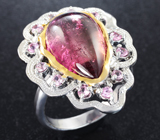 Серебряное кольцо с розовым турмалином 7,38 карата и сапфирами