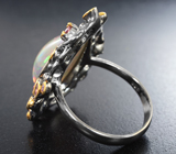 Серебряное кольцо с топовым эфиопским опалом 6,13 карата, розовыми турмалинами и сапфирами Серебро 925