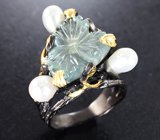 Серебряное кольцо с резным аквамарином и жемчугом